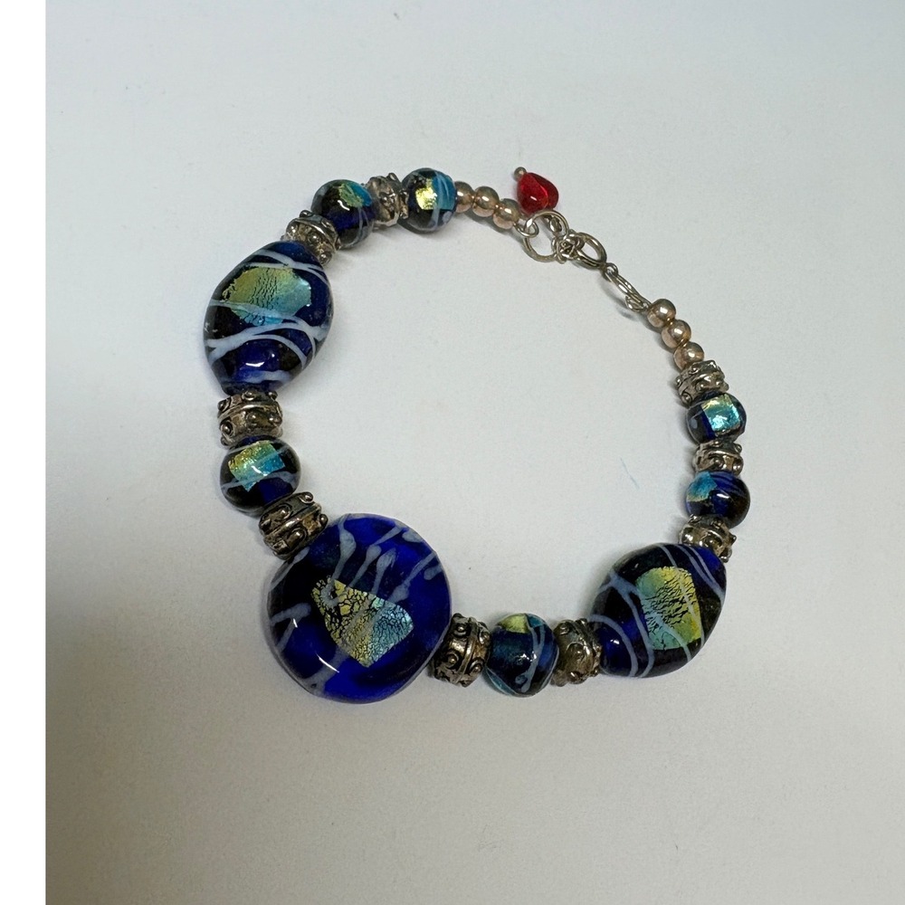 Blue Lampwork Glass Bead Bracelet‎ Silver Foil Swirl Artisan Boho